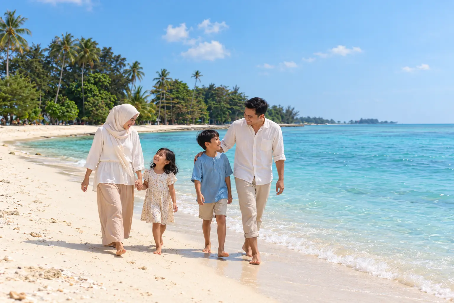 Keluarga Indonesia menikmati pantai Kepulauan Seribu bersama