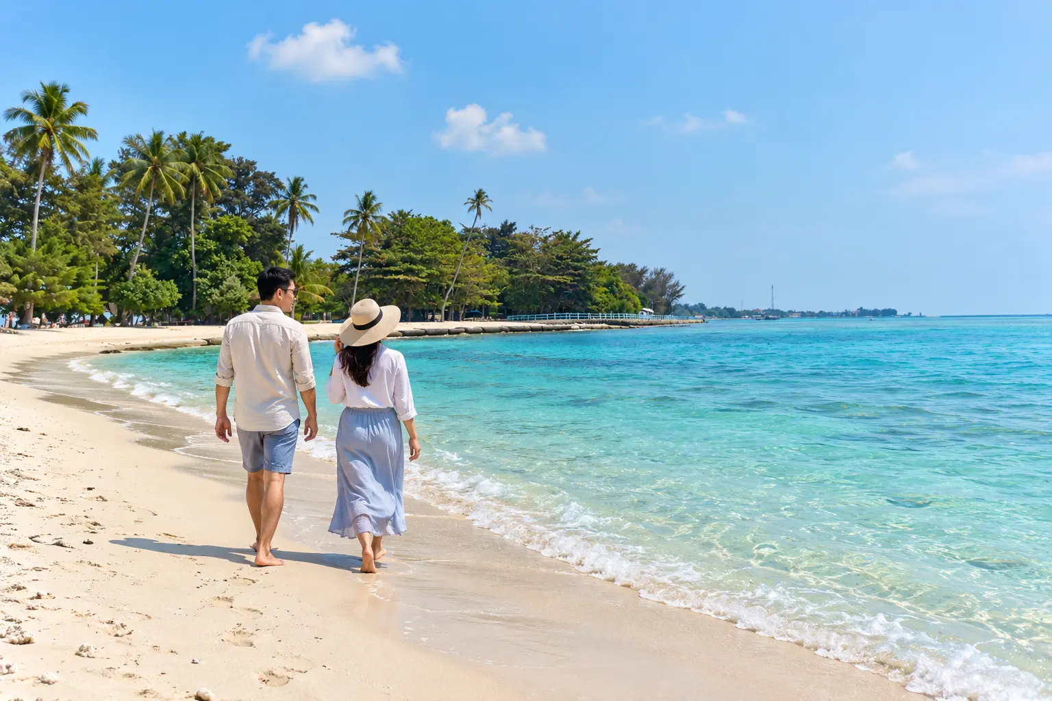 Wisatawan berjalan santai di pantai Kepulauan Seribu